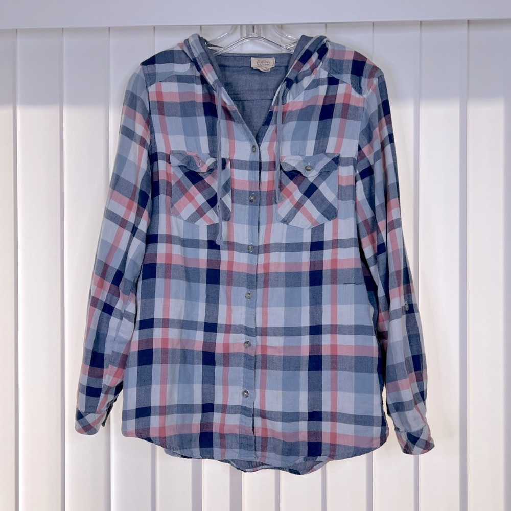 Boston Traders Blue and Pink Flannel Hooded Shirt